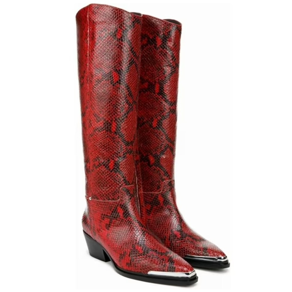 Franco Sarto Billie Red Snakeskin Leather Tall Western Boots Metal Toe NIB 7.5 M
